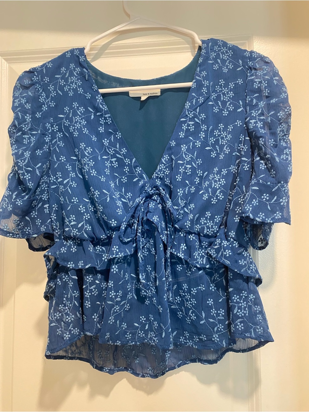june & hudson Blue Floral Tie-Front Ruffle Blouse